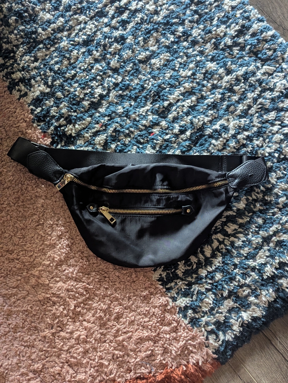 a new day Black Nylon Fanny Pack with Gold Zippers